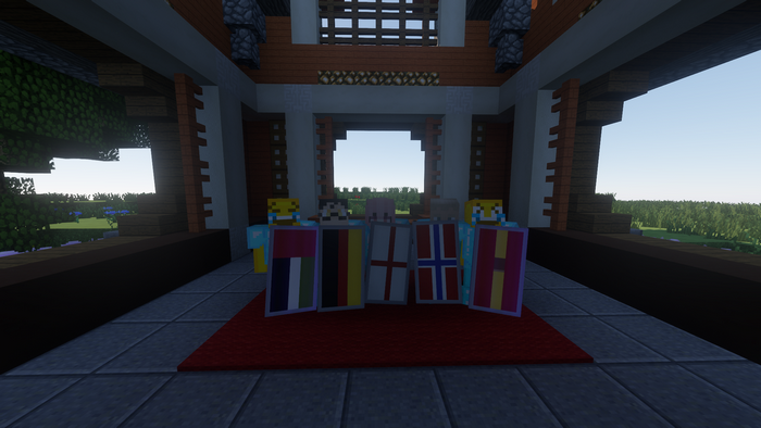 Minecraft players with flags in a wooden structure