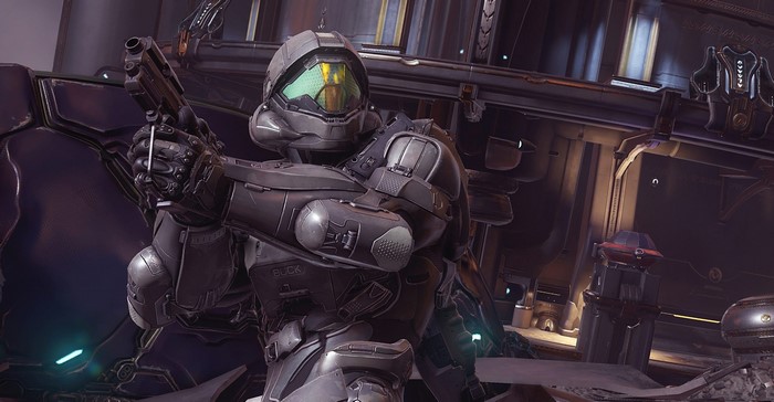 Spartan Buck from Halo 5: Guardians holding a pistol