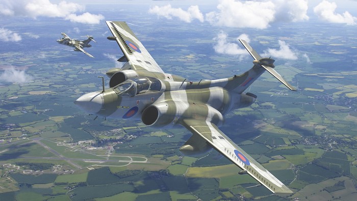 Blackburn Buccaneer aircraft flying over countryside