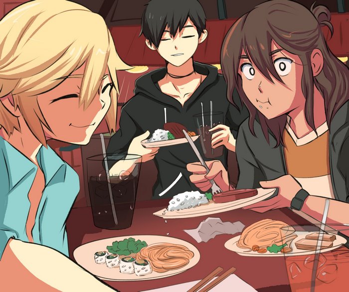 Kel, Omori, and Basil eating at a restaurant