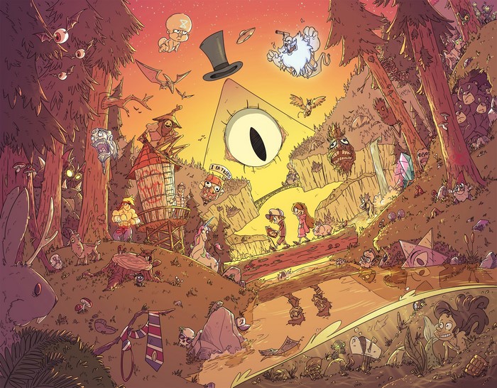 Gravity Falls characters in a mystical forest
