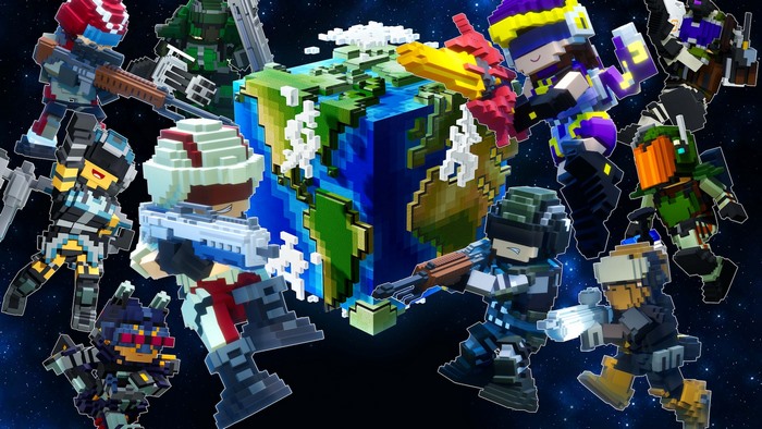 EARTH DEFENSE FORCE: WORLD BROTHERS characters around a blocky Earth