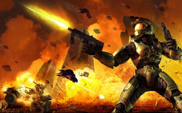 Master Chief from Halo 2 fighting Covenant with Warthog