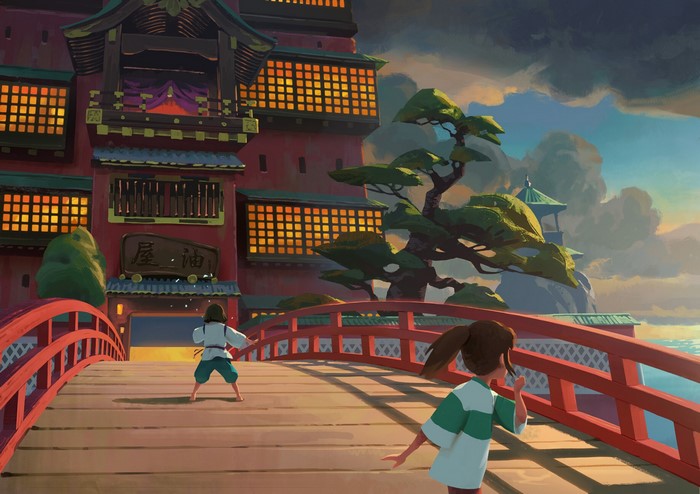 Chihiro and Haku from Spirited Away on a bridge