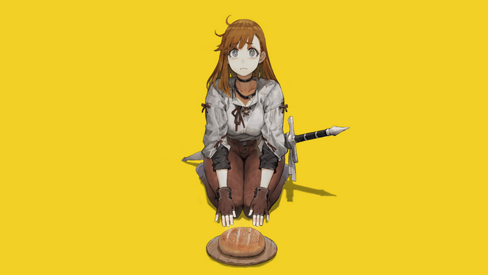 Anime girl with sword and bread on yellow background