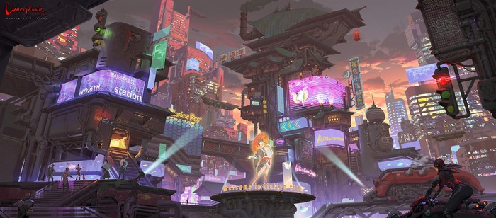Cyberpunk futuristic city with neon signs and a motorcycle rider