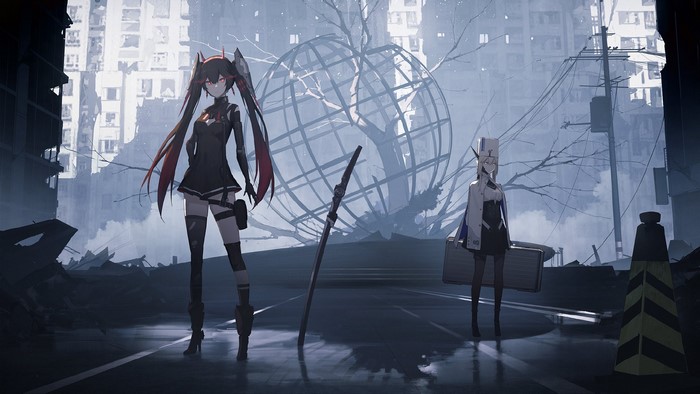 Characters from Punishing: Gray Raven in a ruined city