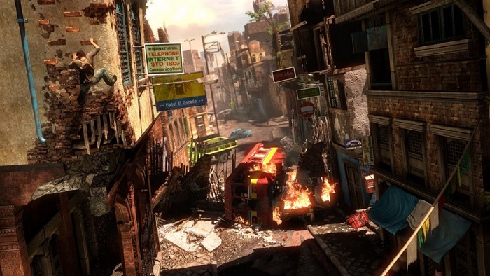 Nathan Drake climbing wall in Uncharted 2