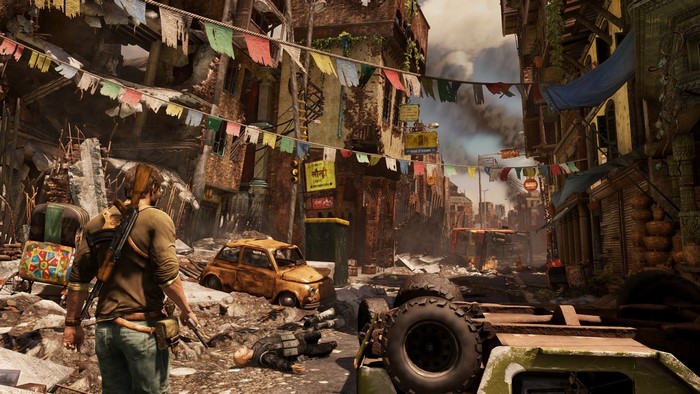 Nathan Drake in a destroyed city street