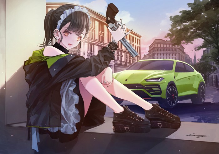 Anime girl with gun and Lamborghini Urus