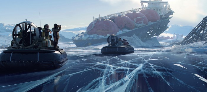 Hovercrafts on cracked ice near a shipwreck in the Arctic