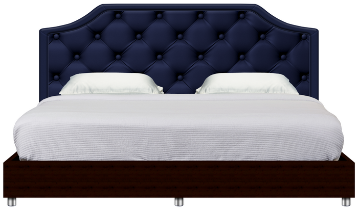 Dark blue tufted headboard bed with white pillows