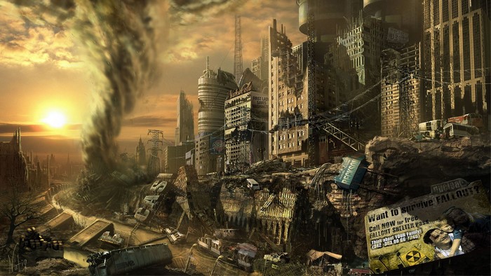 Apocalyptic city with tornado and sunset, Fallout 3