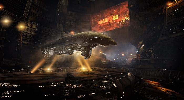 Spaceship in EVE Online hangar with "INFAMOUS" sign