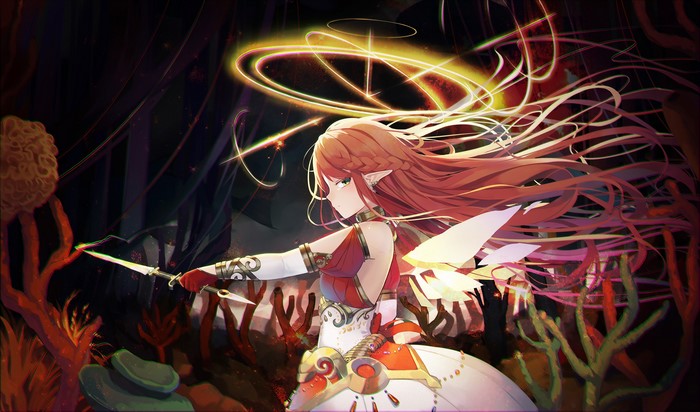 Anime girl with red hair and wings holding a sword