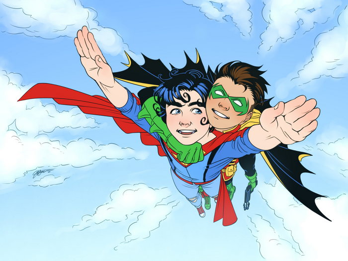 Superboy and Robin Flying Together