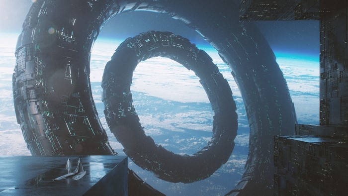 Sci-Fi Space Station Orbiting Earth