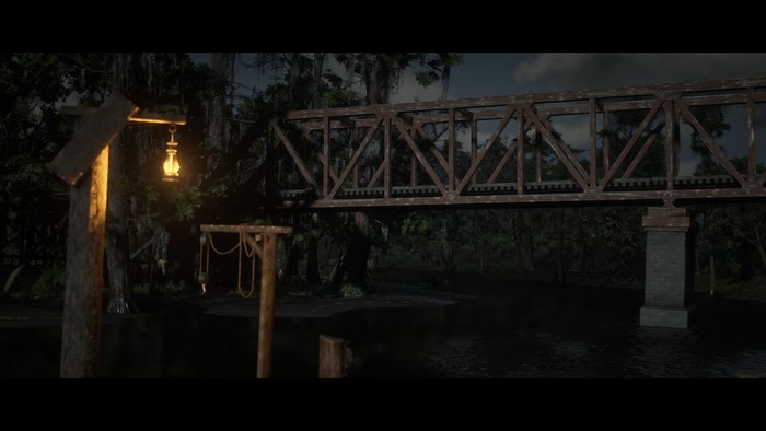 Red Dead Redemption 2 swamp bridge at night