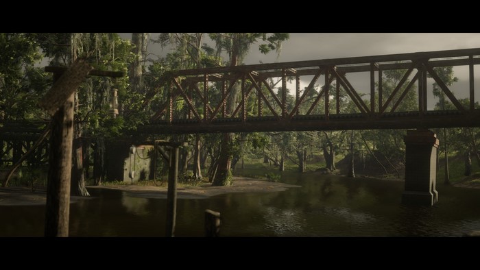 Red Dead Redemption 2 bridge over a swampy river