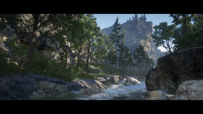 Red Dead Redemption 2 nature scene with river and cliffs