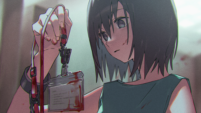 Anime girl holding bloody ID card