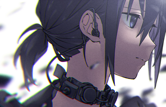 Anime girl with earphones and neck device