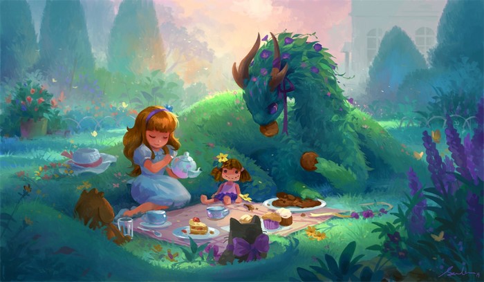 Fantasy art of a girl having a tea party with a dragon