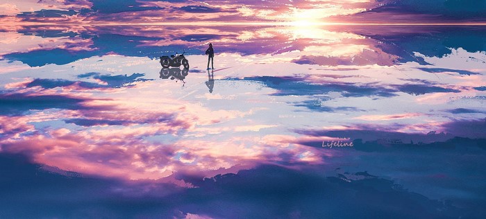 Artwork of a person and motorcycle at sunset