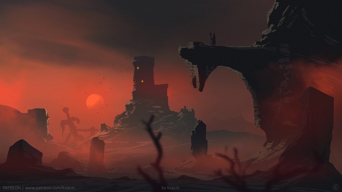 Fantasy landscape with ruins and figures