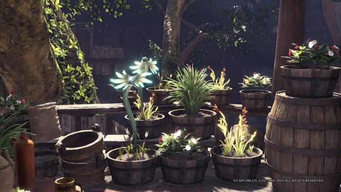 Monster Hunter World plants in wooden pots