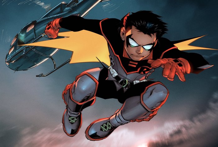 Robin (Damian Wayne) in front of a helicopter