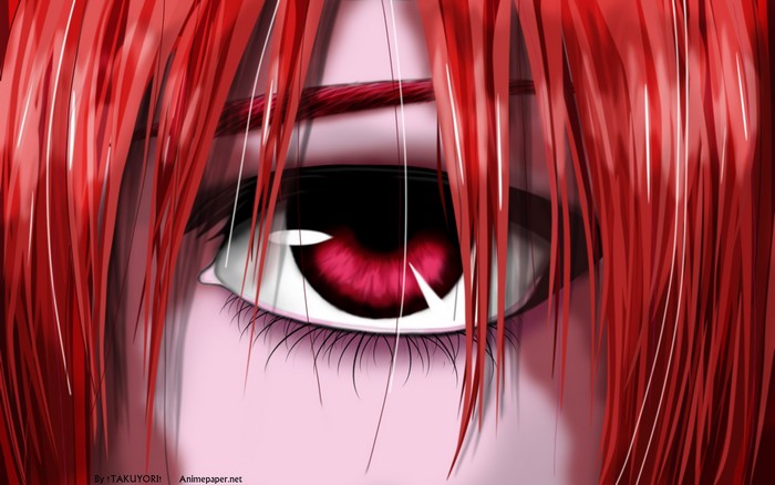 Close-up of Lucy's red eye from Elfen Lied