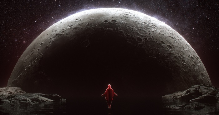 Person in red cloak floating before a giant moon