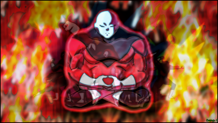 Jiren from Dragon Ball Super meditating amidst flames