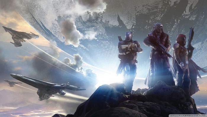 Guardians and spaceships near the Traveler in Destiny