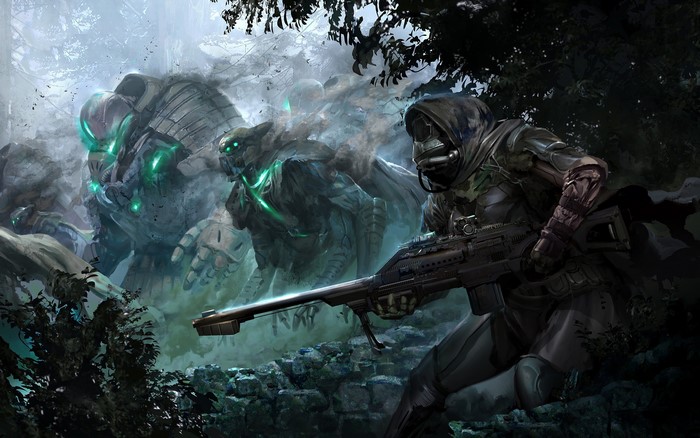 Soldier with sniper rifle facing Fallen enemies in Destiny 2 concept art