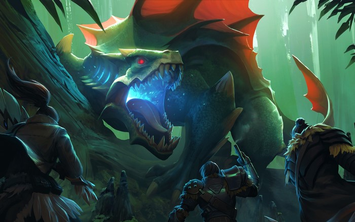 Hunters face a large green behemoth in Dauntless