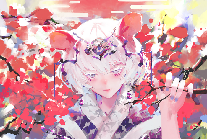 Anime girl with white hair and animal ears in floral setting