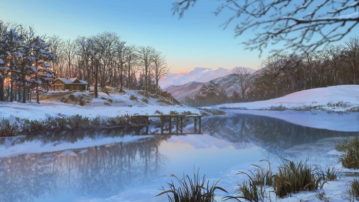 Winter landscape with a cabin and a frozen lake