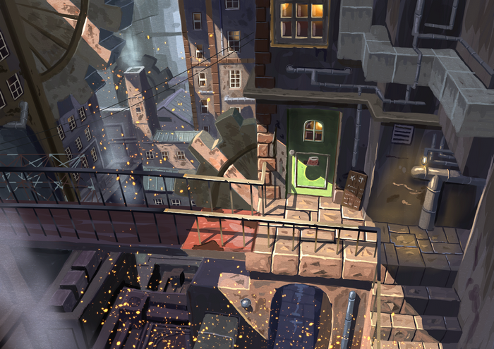 Anime digital art of a city rooftop at night