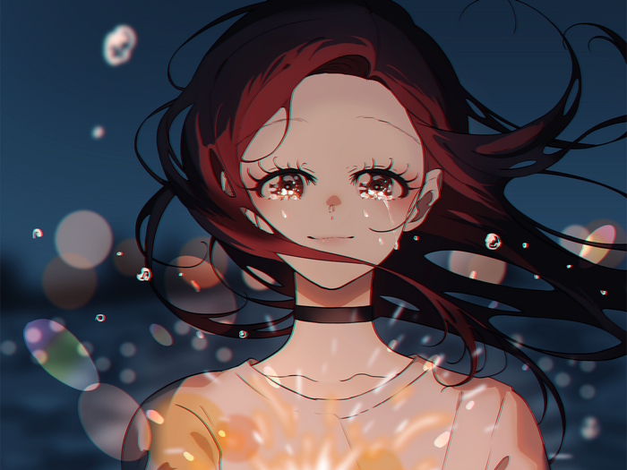 Anime girl crying with bokeh lights