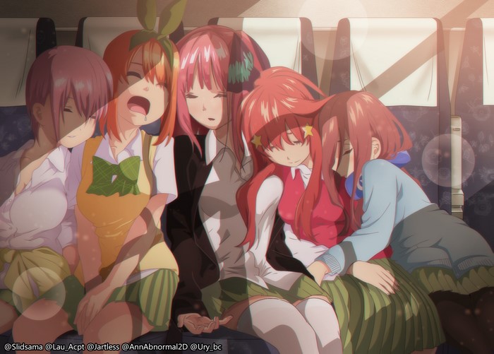 The Quintessential Quintuplets girls sleeping on a train