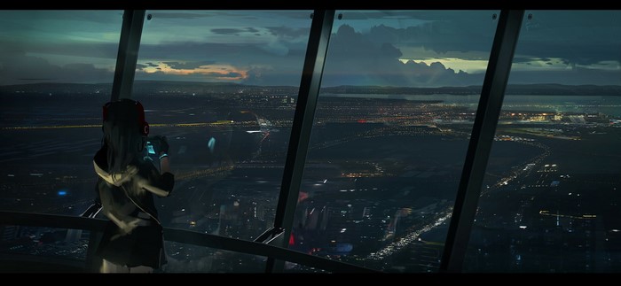 Girl with headphones looking at city at night