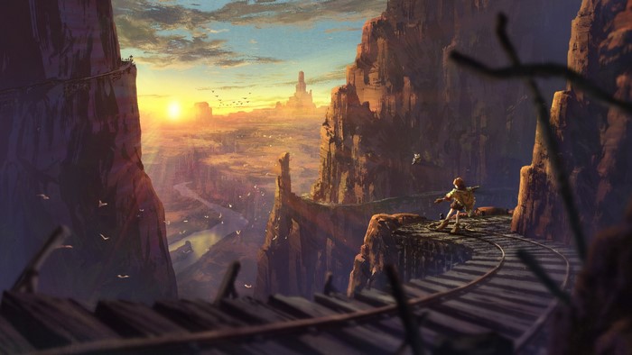 Anime landscape with a person on a railway track
