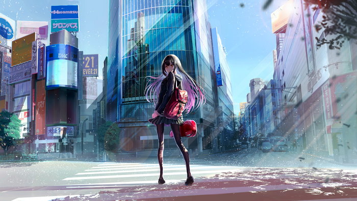 Anime girl in Shibuya crossing with Starbucks