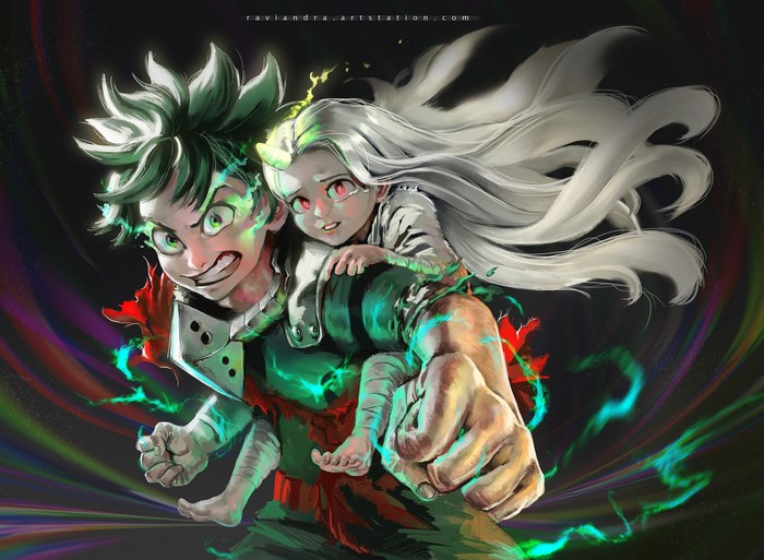 Izuku Midoriya carrying Eri from Boku no Hero Academia
