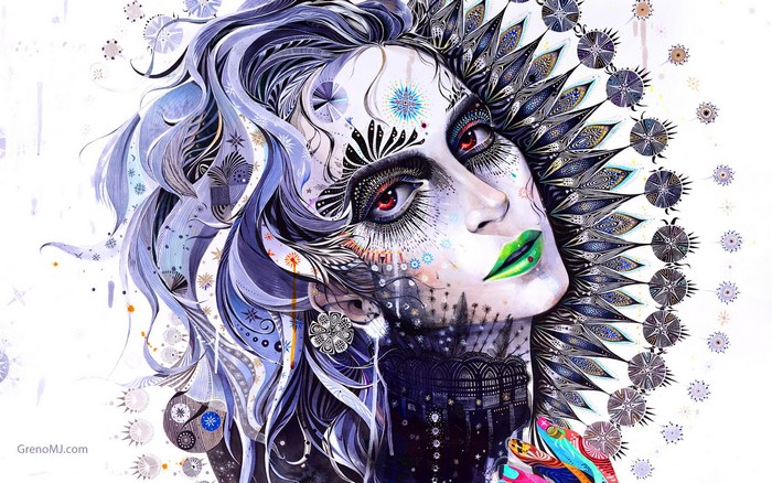 Artwork of a woman with elaborate face paint and hair