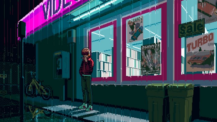 Man smoking outside a video store in the rain