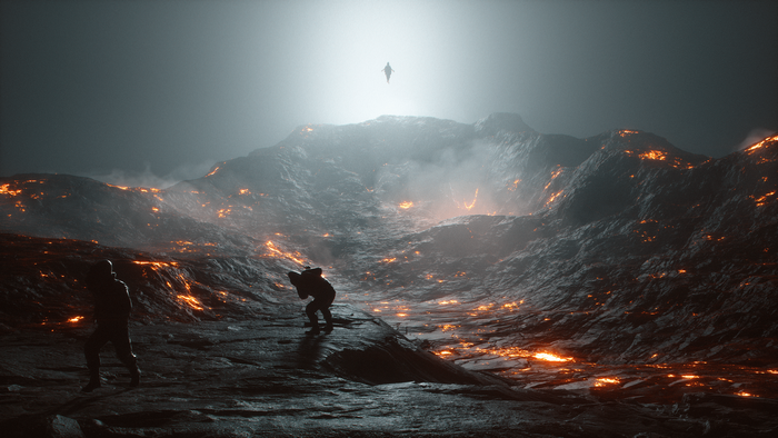 Figures in a volcanic landscape with lava and mist
