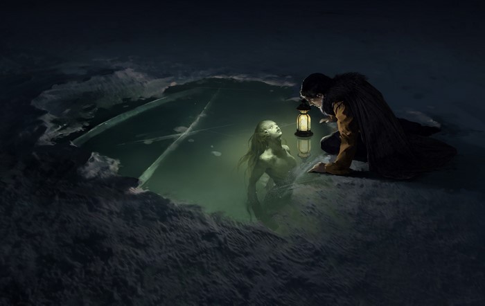 Fantasy art of a mermaid and a man with a lantern
